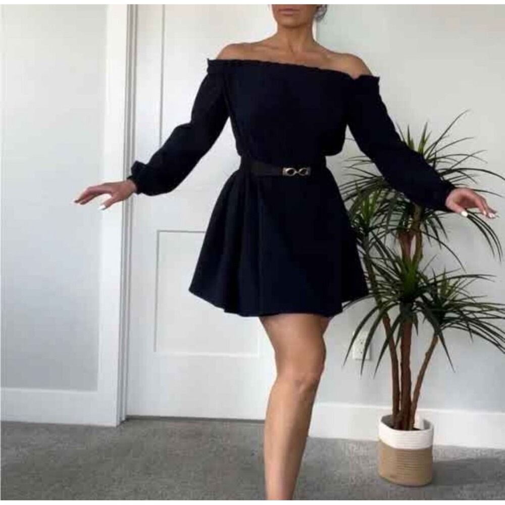 IXIAH‎ Navy Blue Off Shoulder Ruffle Long Sleeve Mini Dress 8 medium boho